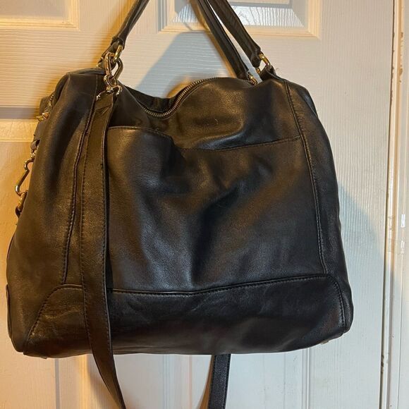 Vince Camuto black soft leather &calf hair Satchel/crossbody bag gold tone studs - Picture 2 of 16